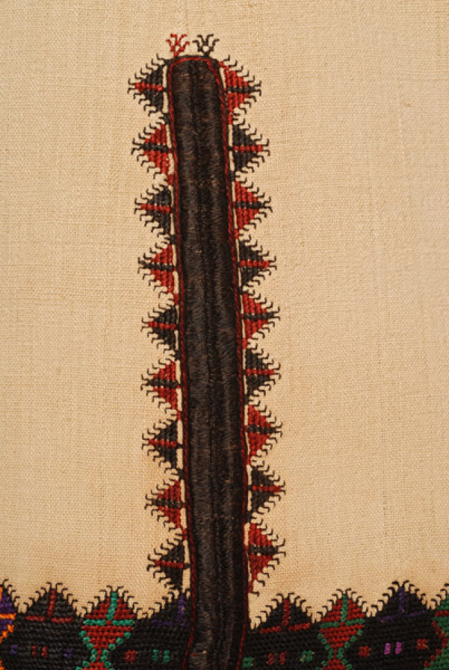 Seam, embroidered joint trimmed with dark-coloured geometric motifs