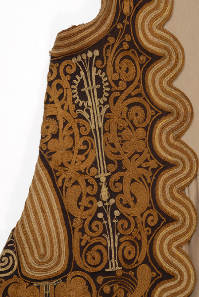 Detail of terzidikos (gold tailored) embroidery up the front panel, under the armpit