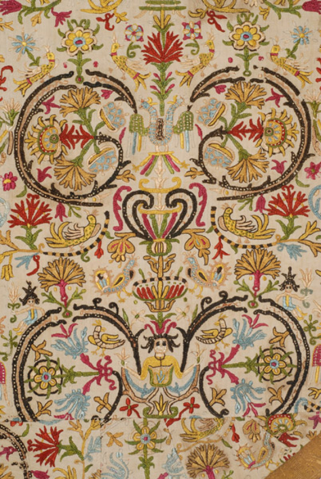 Detail of the embroidery, composition of motifs which is repeating.