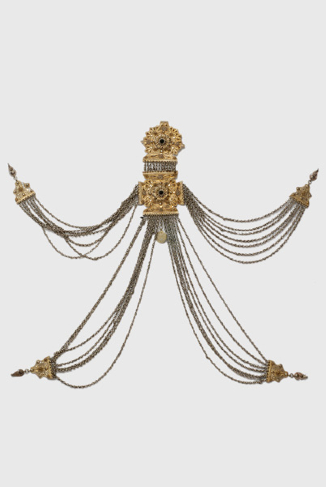 Double tsaprazi, gilded chained chest ornament with a wiry decoration and green stones