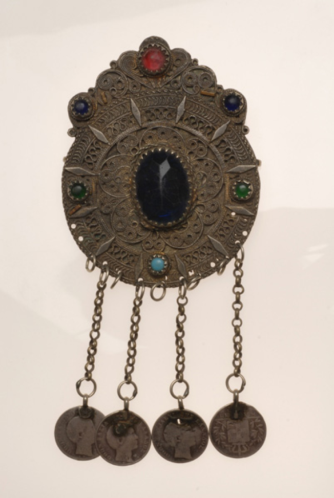 Tzakos pin, silver filigree pin decorated with colourful glass stones, turquoise and hanging chains with coins