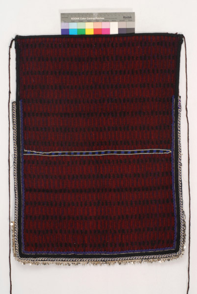 Woollen woven fulled apron with horizontal embellished unusal stripes