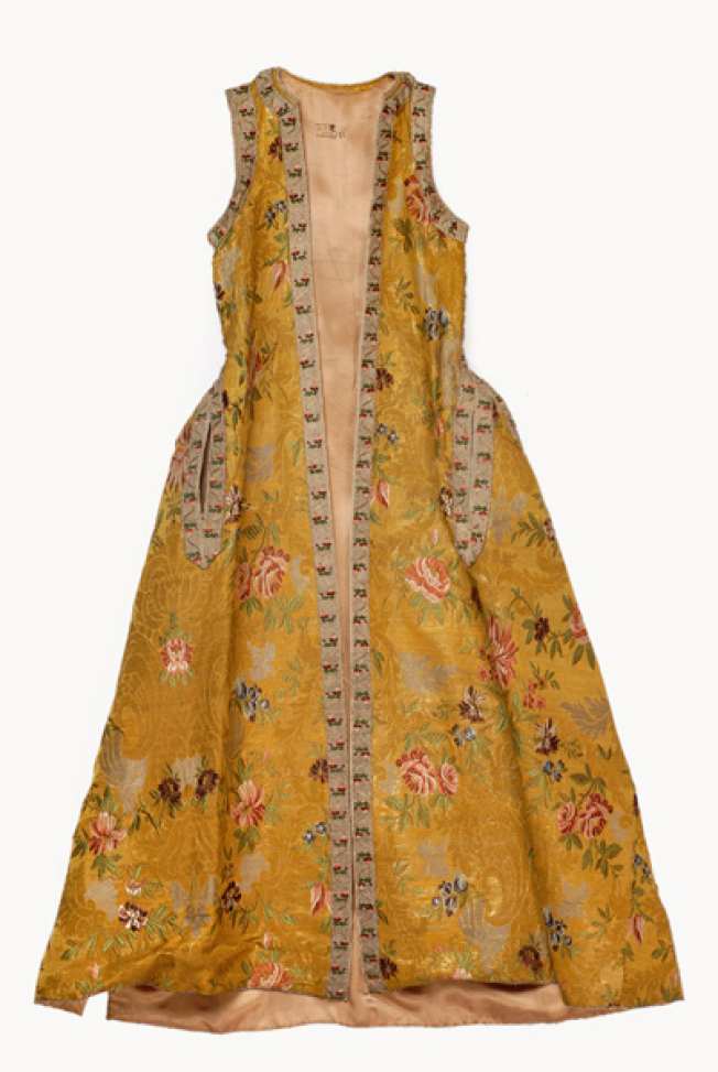 Women's, sleeveless, festive overcoat made of gold brocaded fabric