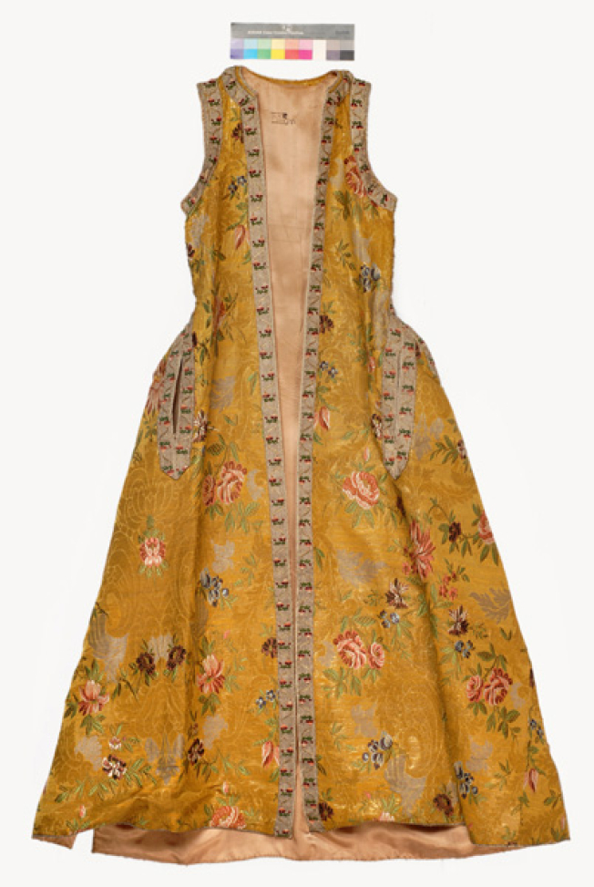 Women's, sleeveless, festive overcoat made of gold brocaded fabric