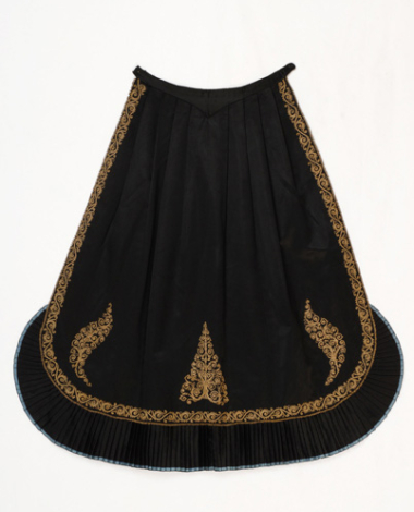Bridal apron made of black satin fabric, with gold embroidered decoration 