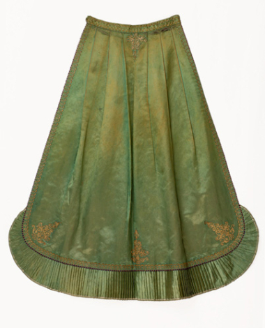 Festive apron made of green satin fabric with gold embroidered decoration