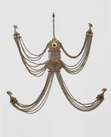 Double tsaprazi, gilded chained breast ornament with wiry decoration and coloured stones