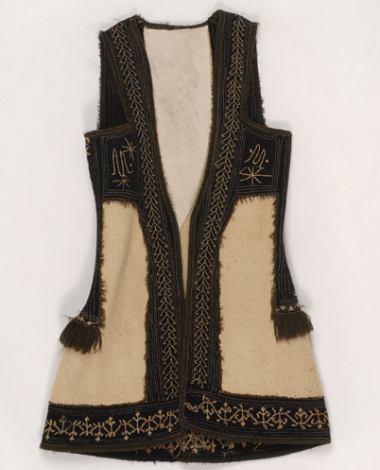 Sigouni, sleeveless overcoat made of tightly-woven black and whitish fullen wool fabric