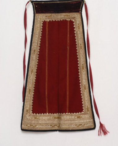 Karagounian apron made of crimson felt, embroidered with white and gold cordons