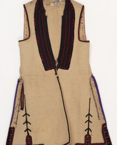 Sagias, sleeveless, white overcoat decorated with felt bands and colourful embroidered design