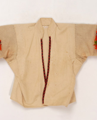 Υφαντός βαμβακερός μπούστος με επίρραπτα μανίκια από σαγιάκι, κεντημένα εσωτερικά πάνω σε κόκκινο κάμποτο με βελονιά γκομπλέν 
