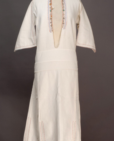 White cotton woven chemise with upright small collar, ornamented with mat and glistening beads and cotton lace crafted with embroidery needle