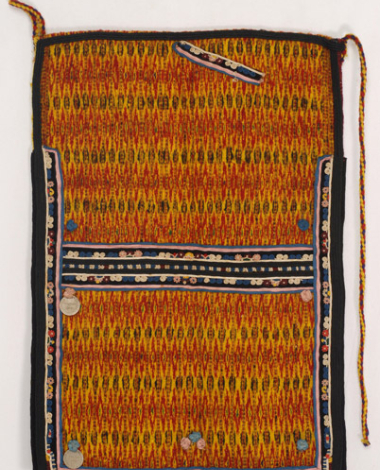 Woollen woven apron in yellow colour, with embellished vertical stripes with stylized motifs in red, black and green colour 