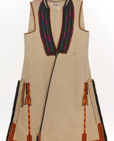 Sagias, sleeveless, white overcoat decorated with felt bands and colourful embroidered design