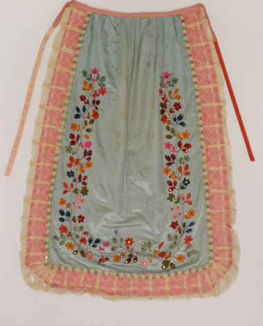 Silk apron embroidered with multicoloured soie floche (slightly twisted silk thread)