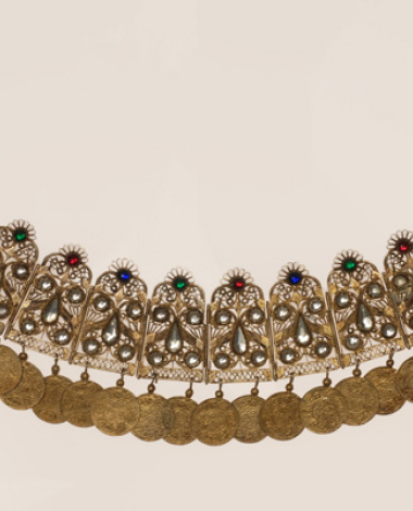 Gilt xelitsi, filigree head ornament decorated with colourful glass stones and gilded coin imitations