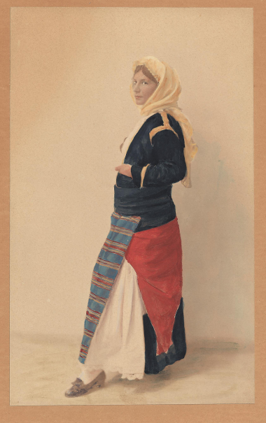Επιχρωματισμένη φωτογραφία του Emile Lester στην οποία απεικονίζεται Αθηναία δέσποινα της εποχής του Μεσοπολέμου ντυμένη με ενδυμασία από τα Μέγαρα Αττικής. ΜΕΛΕ-Φωτογραφικό Αρχείο Lester.