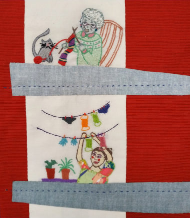 Detail of patchwork depicting traditional shadow-puppet character Karagiozis as a coronavirus doctor. Created by Mairili Harami, 2020. CMLE, Accession No. 16787. Donated by M. Harami.