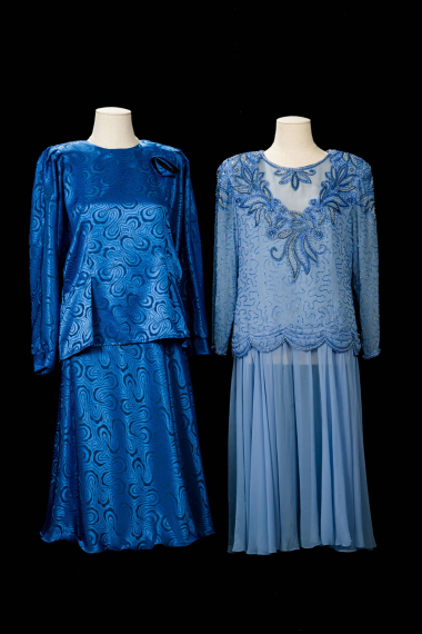 Ensemble made in Greece by the ready-to-wear garment company “DYNASTA” in the 1980s (left), and dress embroidered with beads by CONTINENTAL COUTURE Ltd. from the 1990s (right). From the wardrobe of Eleni Anastasiadou. CMLE, Accession Nos. 17234/1-2 and 17237. Donated by Dimosthenis Anastasiades and Douli Tsorva. Photo: Studio Kominis.