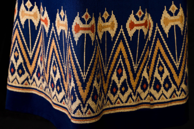 Detail of a skirt with an embroidered double axe motif. Created by the workshop “Diplous Pelekys" (Double Axe), 1950-1960. CMLE, Accession No. 17420. Donated by Fotini Stergiopoulou. Photo: Studio Kominis.