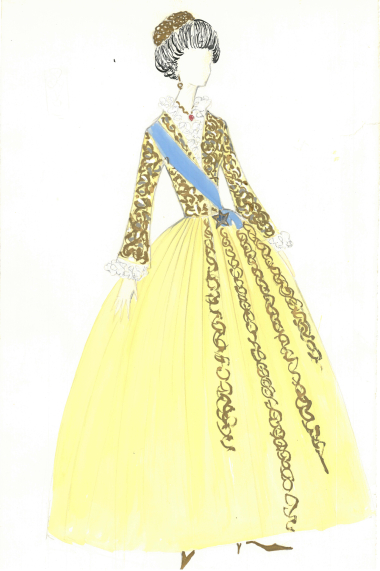 Fashion drawing by Jean Dessès (1904-1970) with an evening gown inspired by the “Amalia”-style costume, designed especially for Queen Frederica. CMLE-Illustration Archive, no. 1.