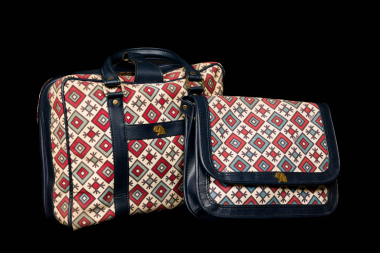 Handbag and shoulder bag with Sarakatsani motifs. Designed by Roula Stathi for the Olympic Airlines crew in 1977. CMLE, Accession No. 16657 and 16658. Donated by Roula Stathi. Photo: Studio Kominis.