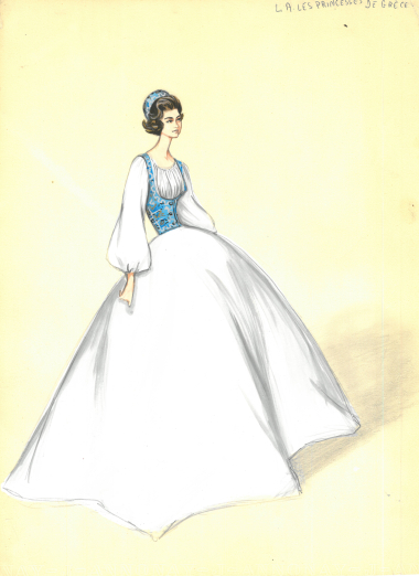 Fashion drawing by Jean Dessès (1904-1970) with an evening gown inspired by the “Amalia”-style costume, designed especially for Princesses Sofia and Irene. CMLE-Illustration Archive, no. 2.