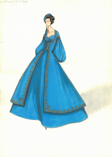 Σχέδιο του Jean Dessès (1904-1970) με τουαλέτα εμπνευσμένη από την ενδυμασία του τύπου της «Αμαλίας», σχεδιασμένη ειδικά για τις Κυρίες της Αυλής της βασίλισσας Φρειδερίκης. ΜΕΛΕ-Αρχείο Σχεδίων, αρ. 4.