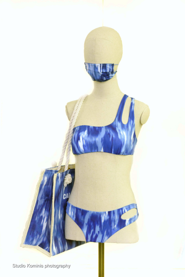 Trikini “swimwear”, consisting of a bikini complemented by a face mask, with a matching beach bag, by Calzedonia, 2020. CMLE, Accession No. 16798/1-4. Donated by Lemonia Pamfili. Photo: Studio Kominis. Trikini “swimwear”, consisting of a bikini complemented by a face mask, with a matching beach bag, by Calzedonia, 2020. CMLE, Accession No. 16798/1-4. Donated by Lemonia Pamfili. Photo: Studio Kominis.