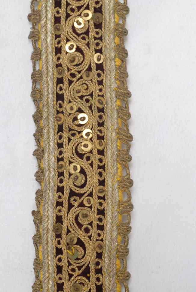 Detail of the gold embroidered decoration with tichrili, spangles, tir-tir (lustring), cordon and gold cord