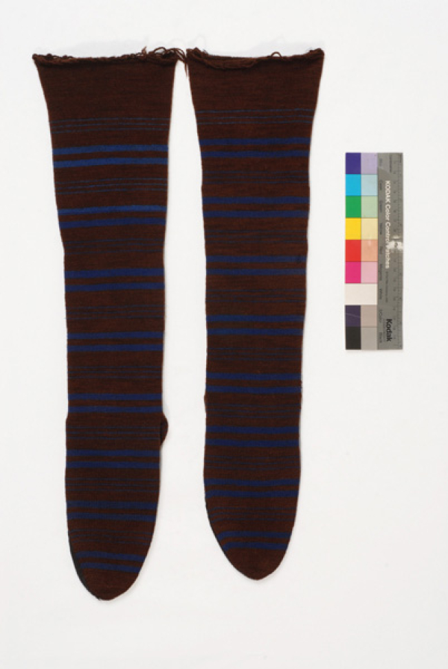 Pair of knitted woollen socks with horizontal stripes and bands