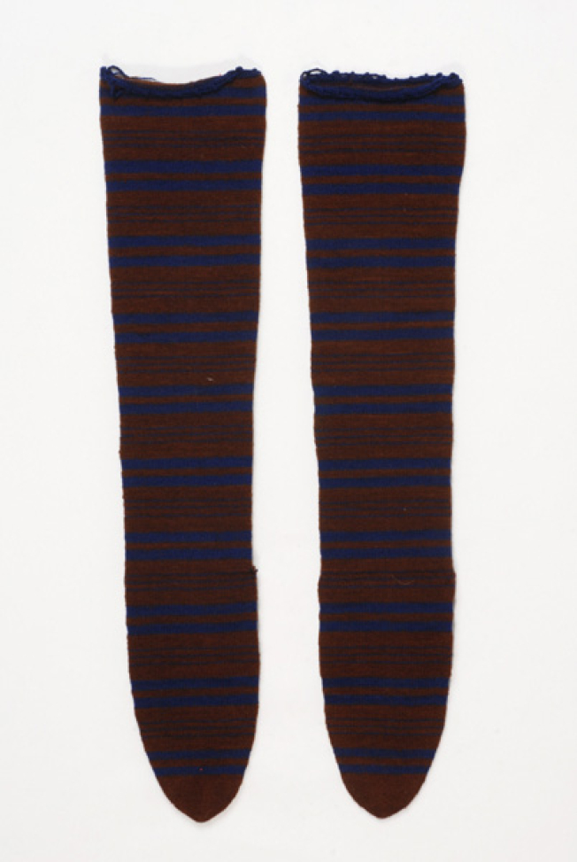 Pair of knitted woollen socks with horizontal stripes and bands