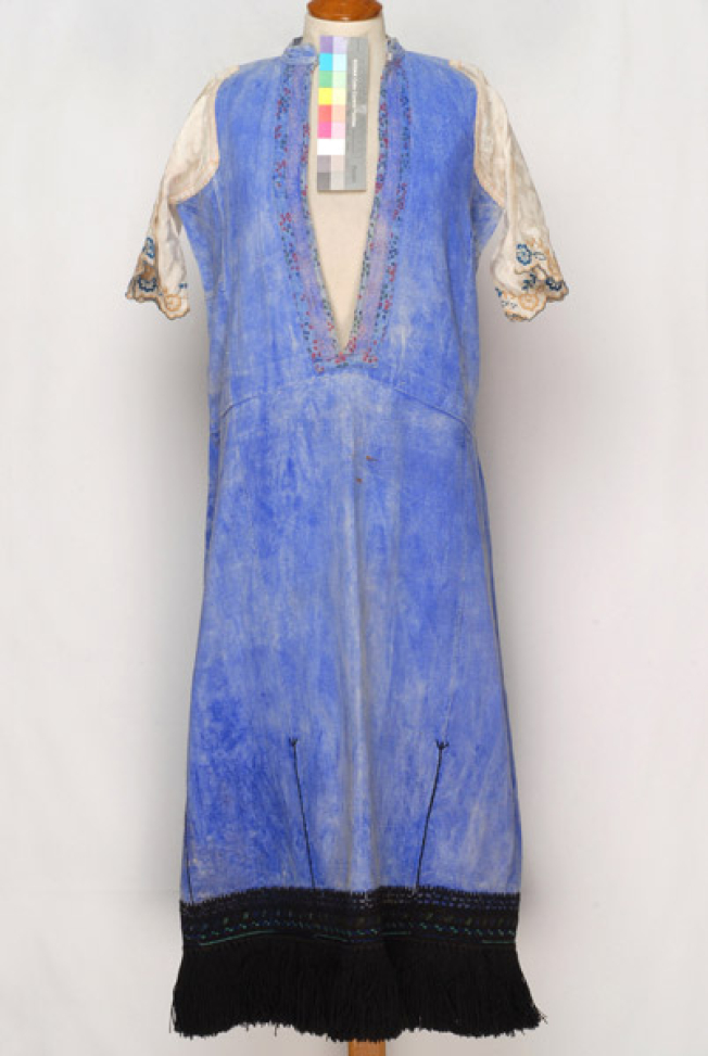 Cotton woaded festive chemise, embroidered with black and coloured woollen threads