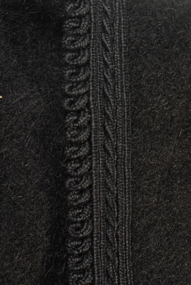 Sleeve, detail of the applique decoration with plain coloured cordons and loops