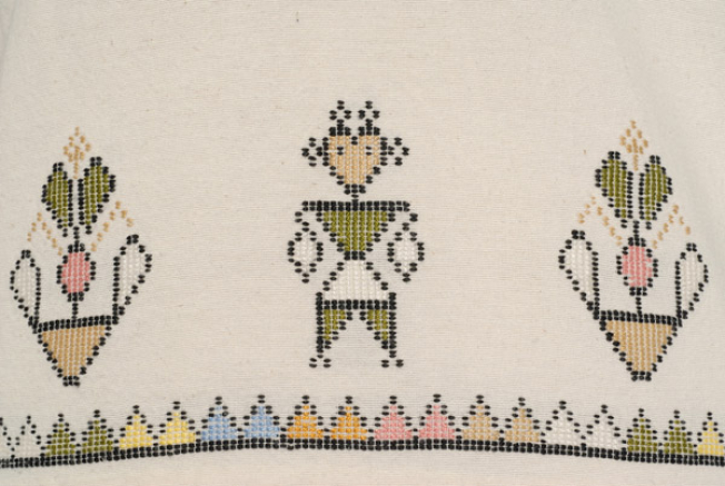 Detail of the decoration, two flower pots and human figure at the border (back panel)