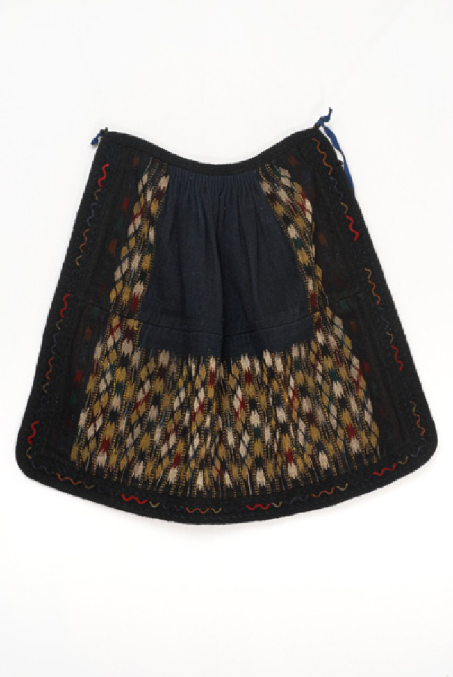 Poal, woollen thick wooven apron with embellished geometrical motifs
