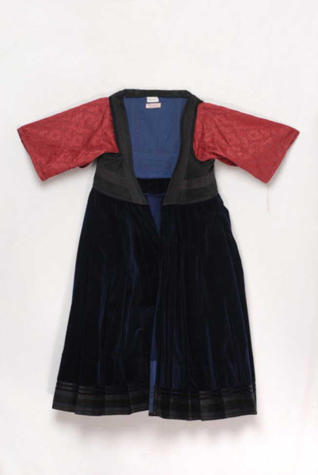 Foustani (dress) made of blue velvet fabric ornamented with karelisia embroideries (multicoloured stitches)