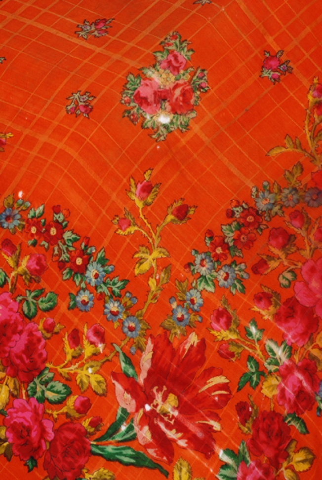 Detail of printed decoration, central motif with three roses 