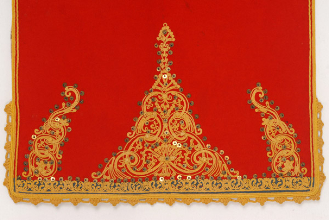 Lower part of the apron, decoration with stylized vegetal motifs, trimmed with spangles and black beads