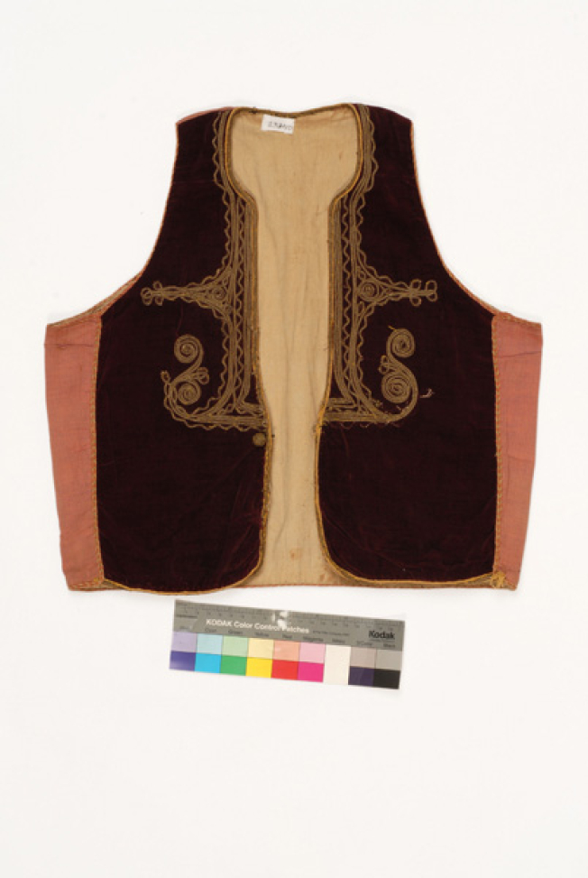 Gileki, velvet-and-cotton sleeveless jacket, part of the children's foustanella outfit named after Ion Dragoumis