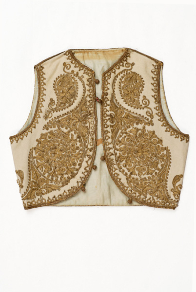 Sleeveless jacket ornamented with terzidiko gold embroidery
