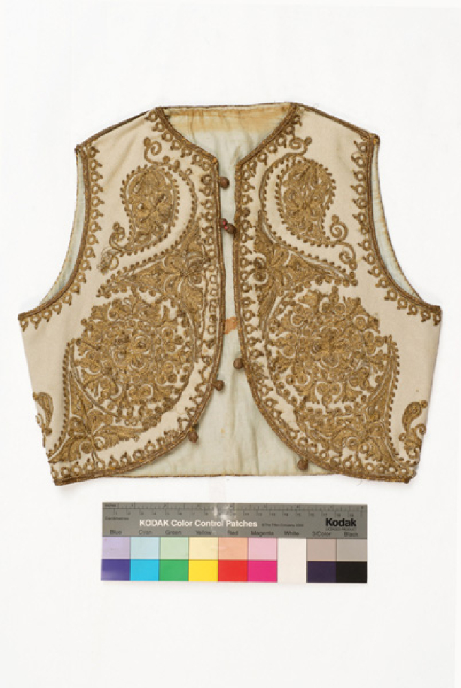 Sleeveless jacket ornamented with terzidiko gold embroidery
