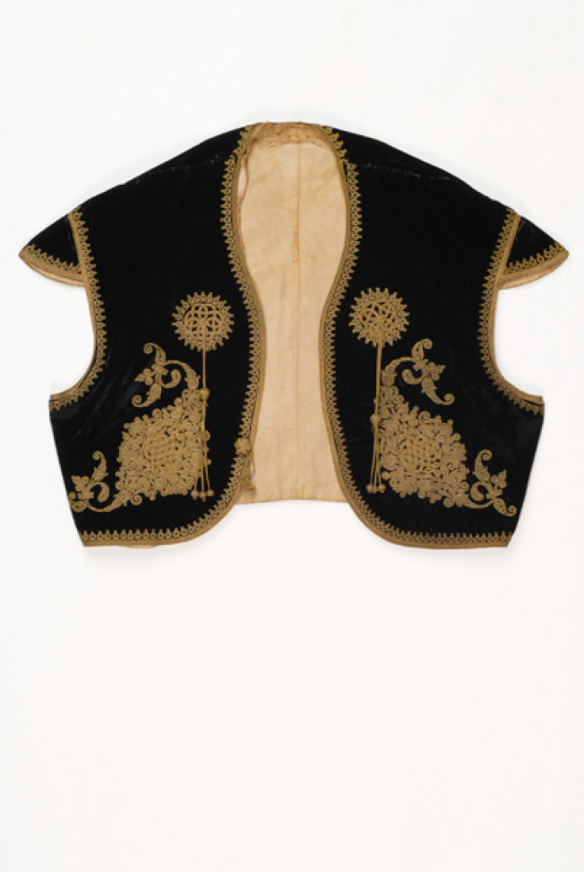 Sleeveless jacket ornamented with terzidiko gold embroidery
