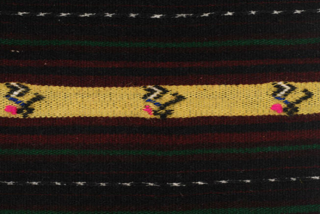 Detail of the decoration, embroidered stylized motifs at a yellow embellished stripe