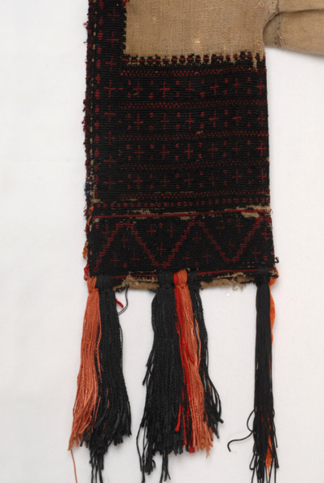 Linen sleeve, detail of the decoration with the pigeon with the small crosses and the silk coloured over tassels