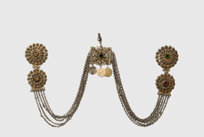 Kefalokobtsa, chained head ornament with wiry rosettes, ornamented with green glass stones