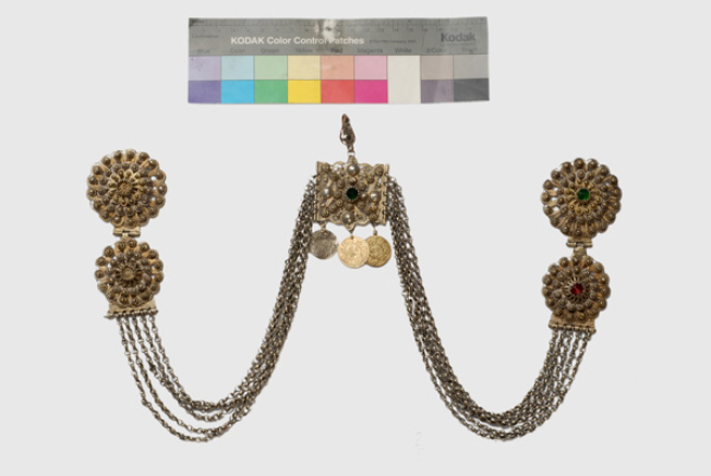 Kefalokobtsa, chained head ornament with wiry rosettes, ornamented with green glass stones