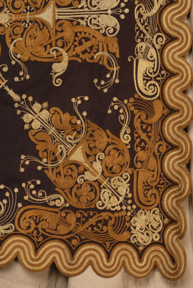 Detail of terzidikos (gold tailored) embroidery down the front panel