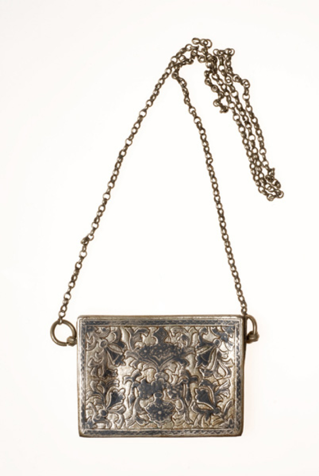 Silver case crafted with black savat (type of enamel), with the typical modern greek motif of the flower pot with stems and tulips