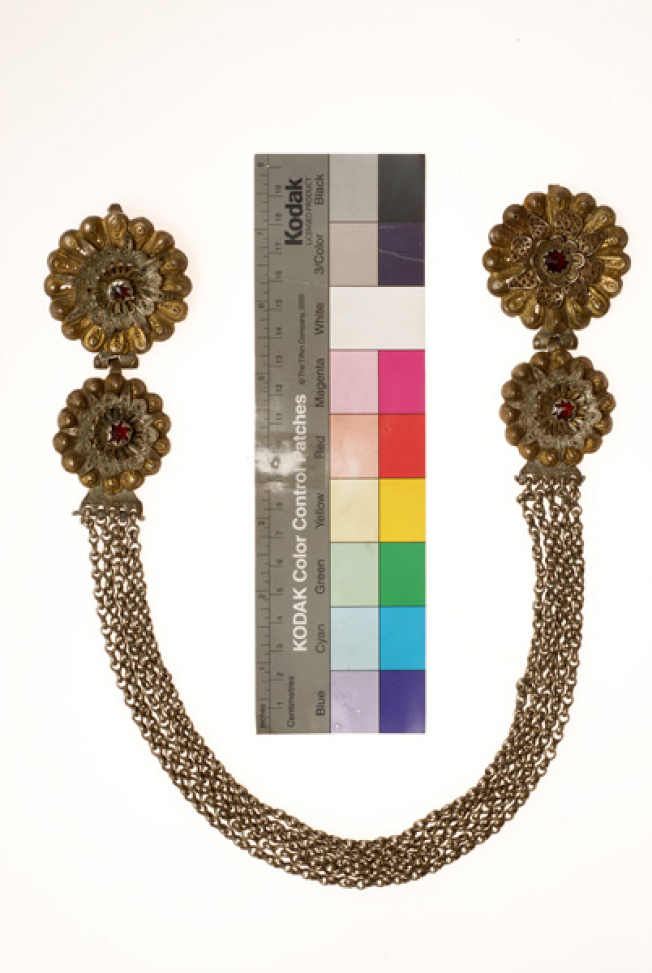 Kefalokobtsa, chained head ornament with wiry rosettes, decorated with red glass stones
